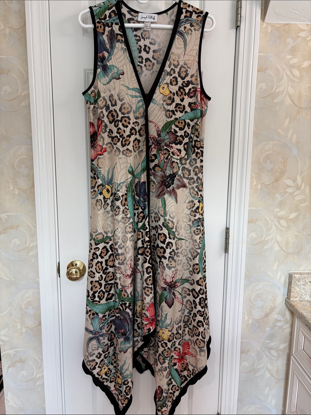 Joseph Ribkoff Vintage Leopard Floral Long Vest Dress in Beige with Black Trim - Picture 7 of 12